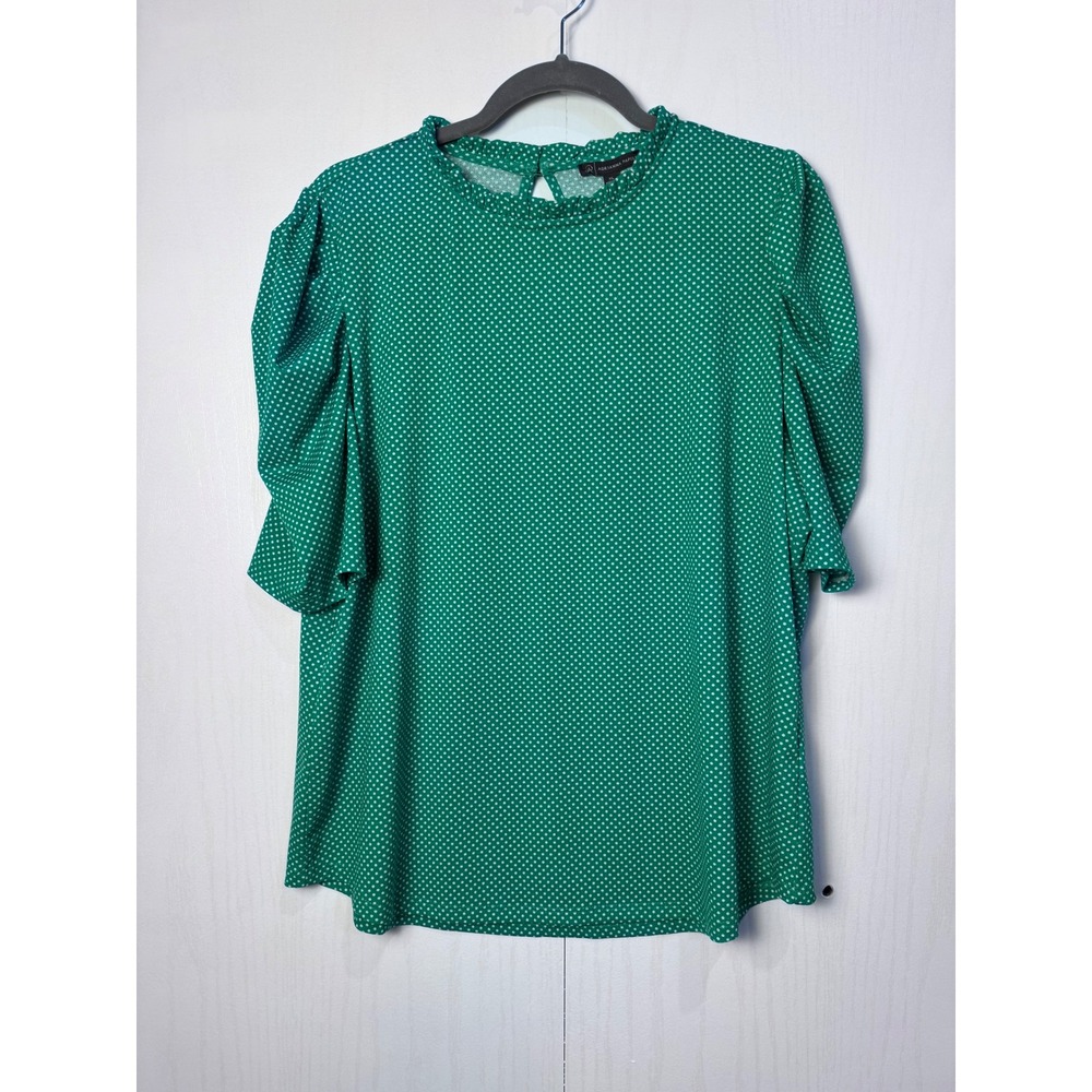 Arianna Papell Women's XL Green Polka Dot Stretch Puff Sleeve Ruffle Neck Blouse